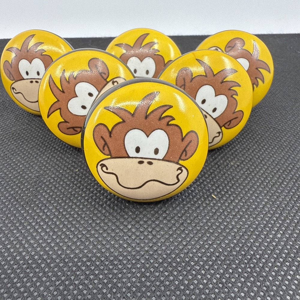 6 Porcelain Monkey Drawer Knobs Door Pulls Yellow Funny Face‎ 1.25" Wide